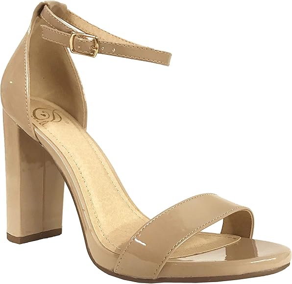 beige ankle strap block heels