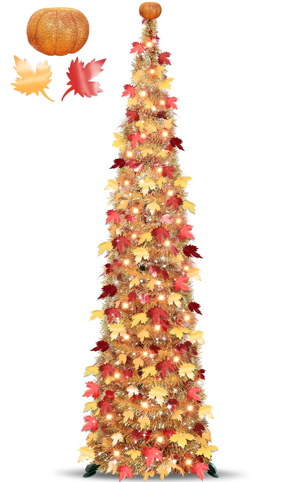 Photo 1 of Timer & Pumpkin - 5 Ft Lighted Fall Tree Thanksgiving Fall Decorations for home, Pop Up Tinsel Maple Tree with 50 LED Orange Warm Lights Battery Operated Collapsible Thanksgiving Tree Porch Home Party
