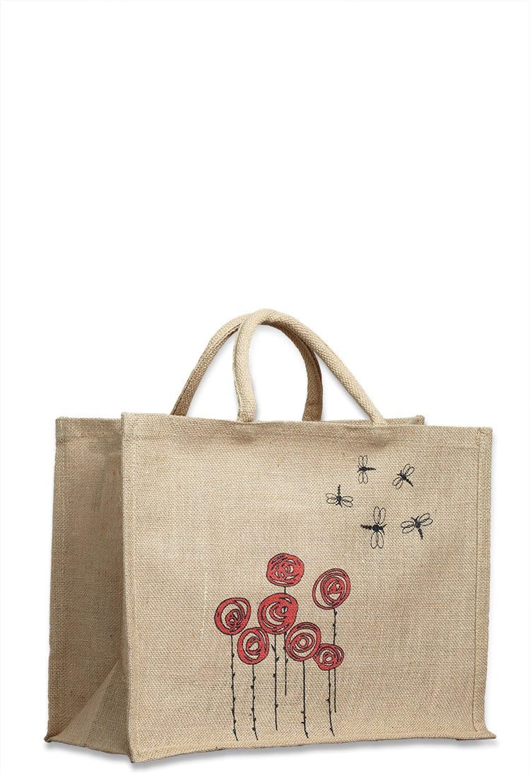 Pattern: Flowers and Dragonflies Jute Tote Bag