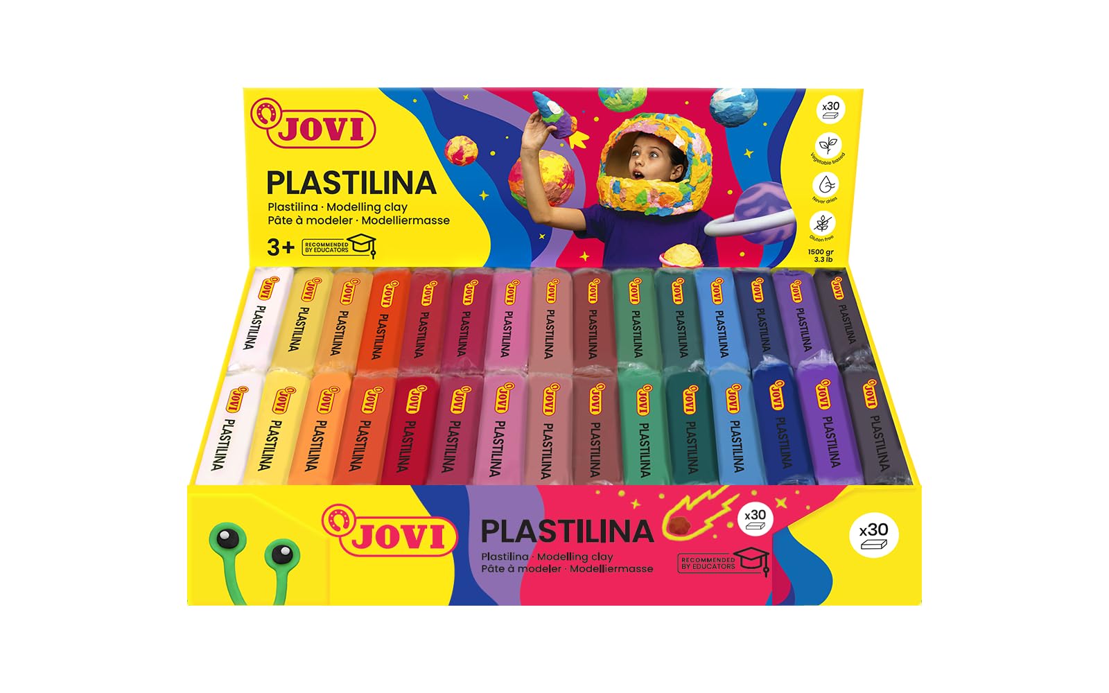 Jovi - Non-Drying Modelling Clay, 30 50g Bars in 15 Colours, Reusable Plasticine for Kids, Vegetable Base, Non-Toxic and Gluten Free