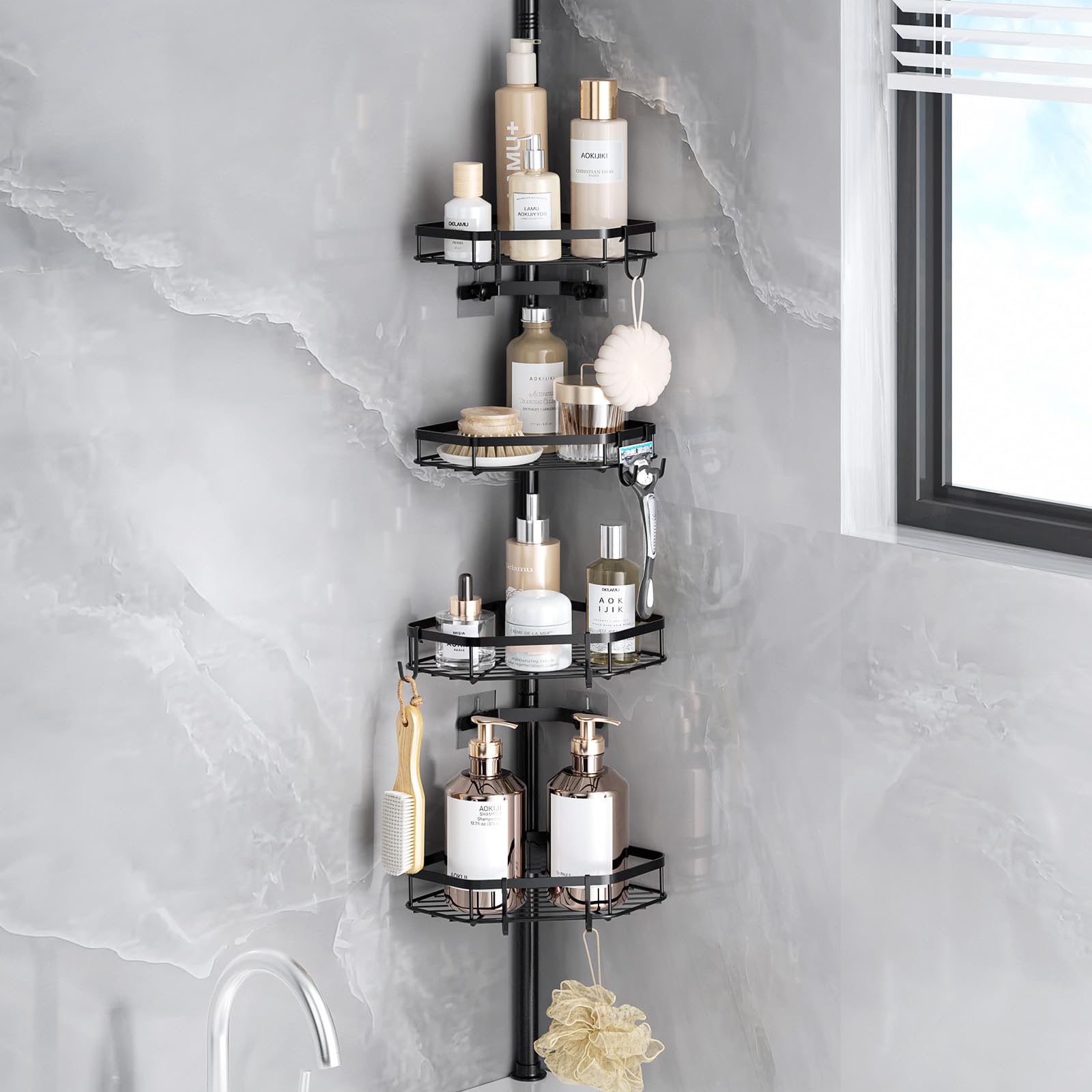 Photo 1 of ***PARTIAL SET - PRICE ADJUSTED***
LAMU Shower Caddy Tension Pole with Adjustable Height, 4 Tier Baskets & Hooks, Corner Shower Caddy Tension Pole for Bathroom or Bathtub Corner Storage, Black
