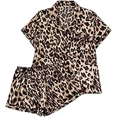 SHENHE Women's 2 Piece Satin Pajama Set Leopard Short Sleeve Button Down Pj Shorts Set
