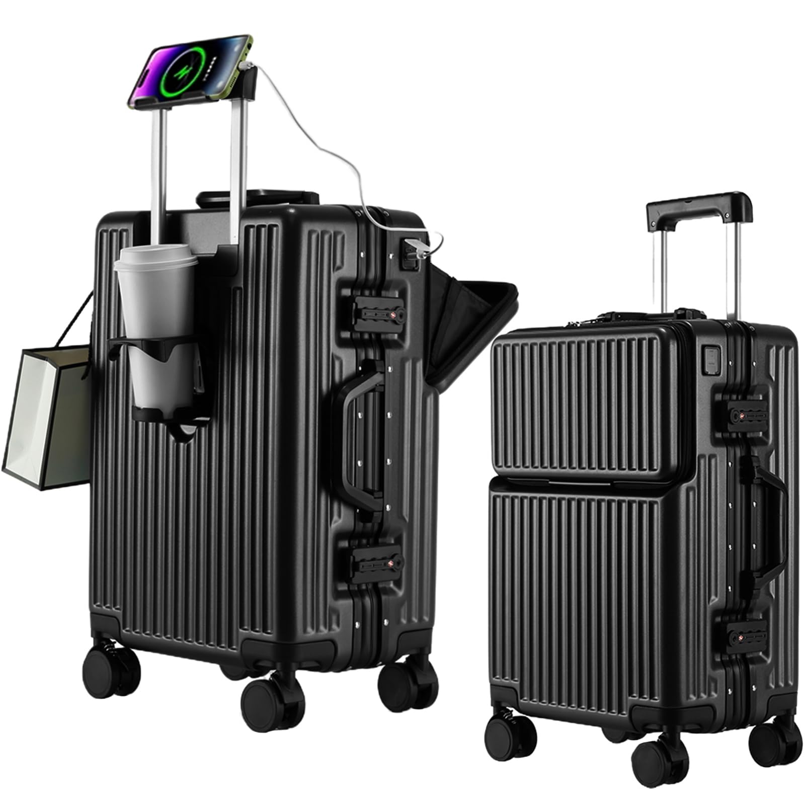 Photo 1 of 2-Piece Hardshell Zipperless Luggage Set, 20/26" Aluminum Frame Hardshell Spinner Luggage, Airline Approved Carry-On Luggage, TSA Lock, 360° Quiet Wheels With Cup Holder (Black)