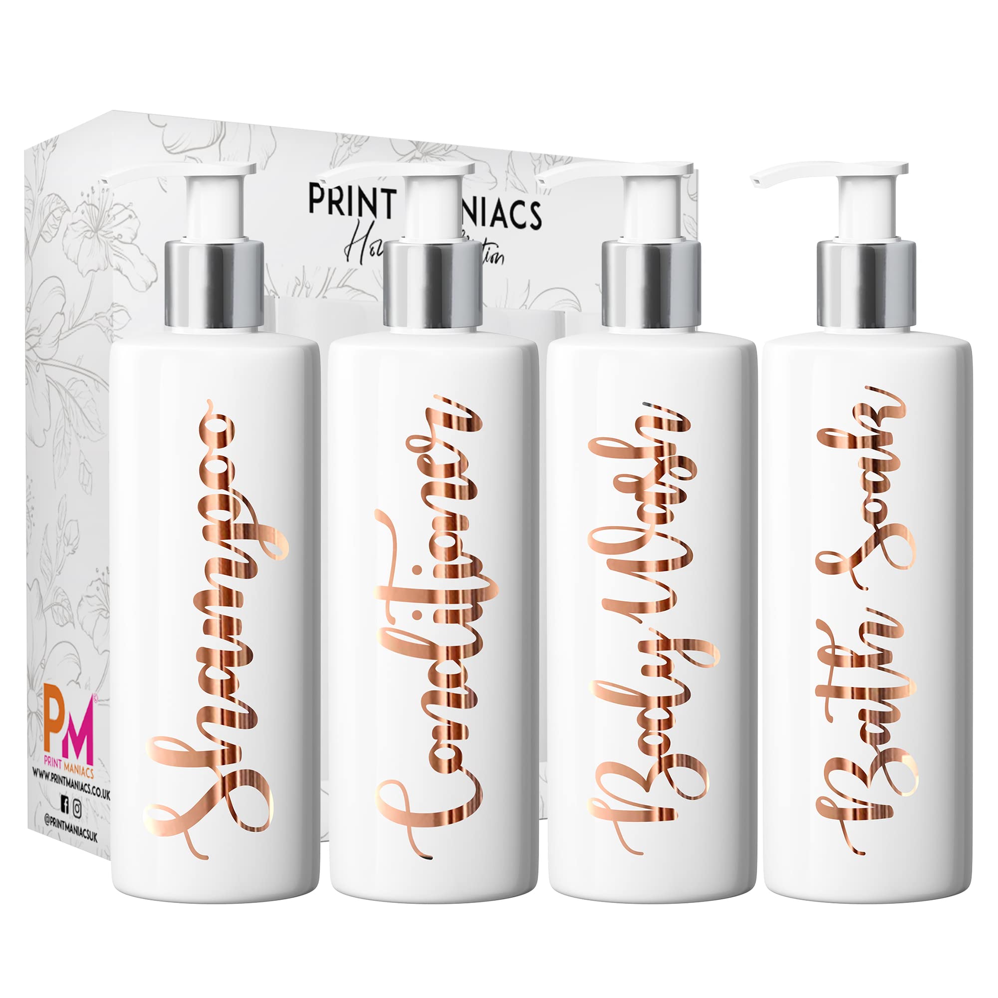 Print Maniacs Mrs Hinch Inspired White Personalised Pump Bottles Bathroom Kitchen Set Shampoo Conditioner (Copper)