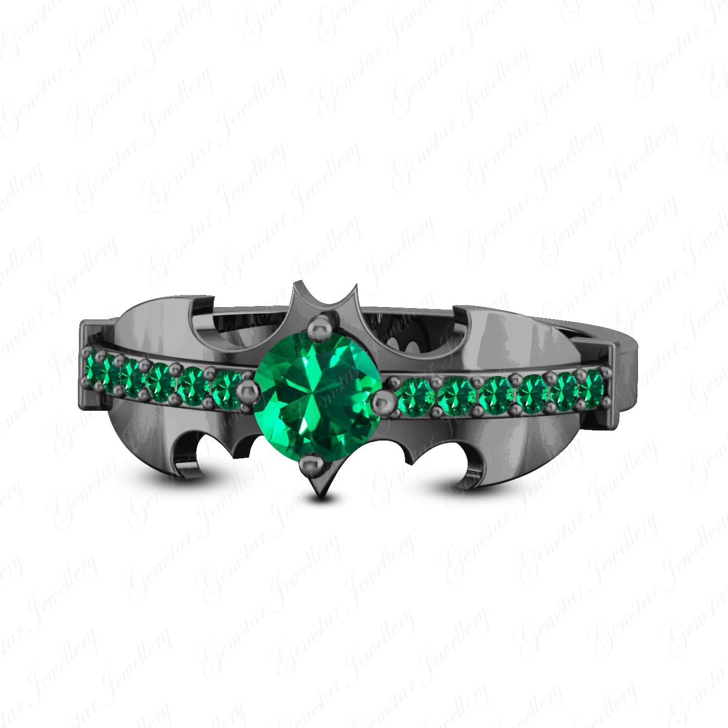 Gemstar Jewellery Brilliant Round Cut Green Emerald 14K Black Gold Finishing Batman Wedding Ring