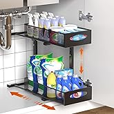 Housolution 1 Pack Under Sink Organizer, 2 Tier Metal Pull Out Under Sink Storage with Sliding Mesh Drawers, Height Adjustable Slide Out Under Sink Organizer for Kitchen Bathroom Cabinet, Black
