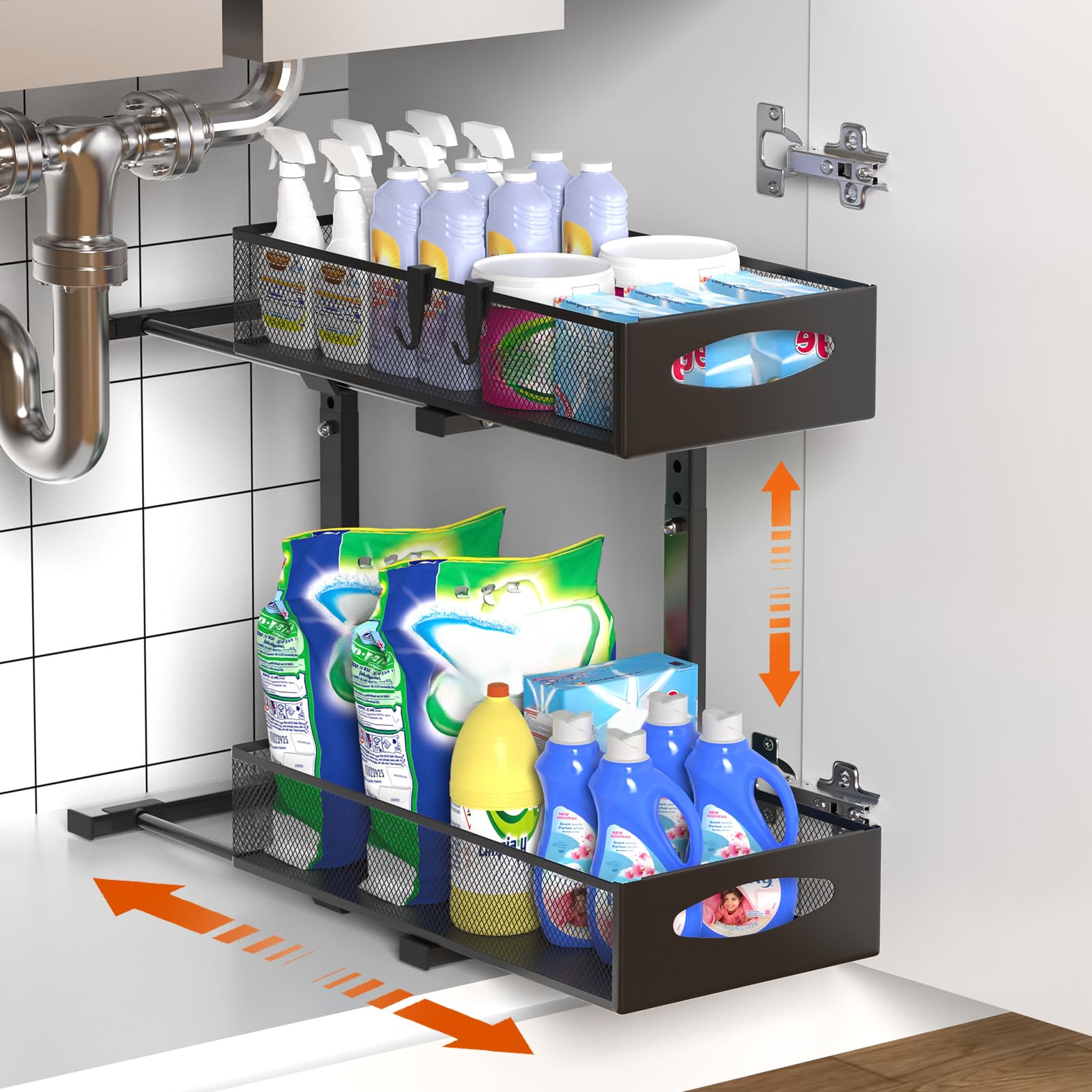 Housolution 1 Pack Under Sink Storage, Height Adjustable Pull Out Under Sink Organiser with Sliding Mesh Drawers, 2 Tier Metal Slide Out Kitchen Storage Rack Shelf for Cupboard, Black