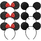 CHuangQi Mouse Ears Solid Black and Red Bow Minnie Headband for Boys & Girls Birthday Party or Celebrations, 6pcs