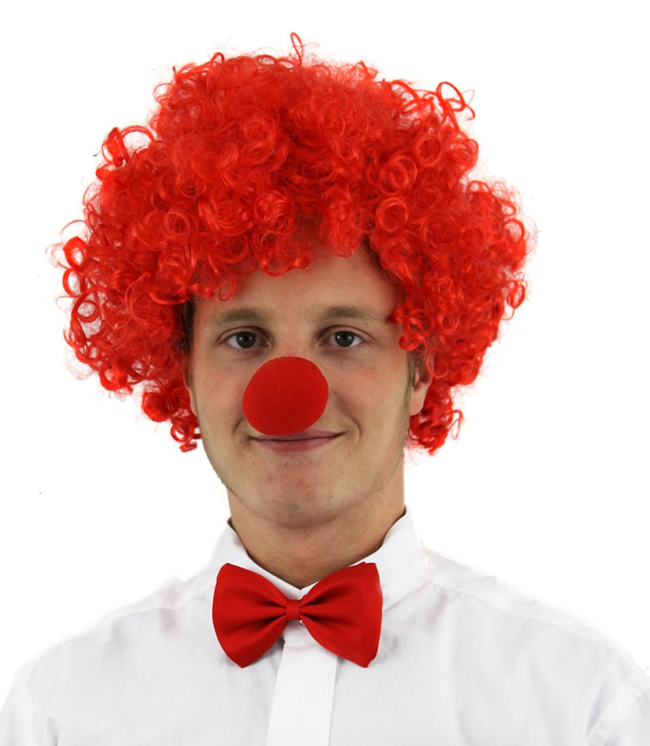 Red Nose Set: Afro Wig, Nose, and Satin Bowtie - Fancy Dress Set for St. Georges Day, Clown - Available in Multiple Styles