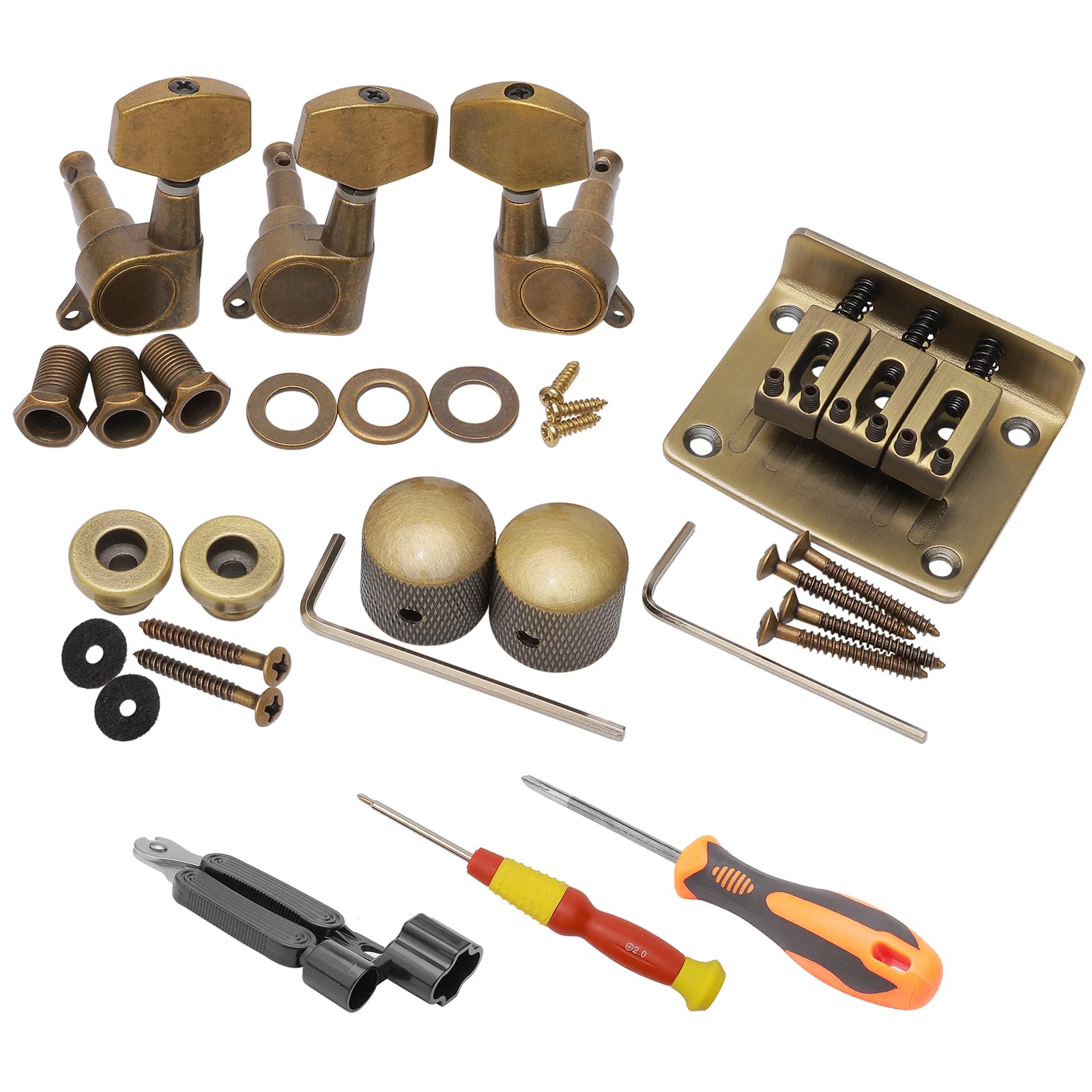 Unxuey Guitar Combo Parts Kits Bronze Saddle Bridge Tuning Pegs Control Knobs, Saddles Bridge Strap Locks Wrenches Screws Washers for 3 String Cigar Box Guitar
