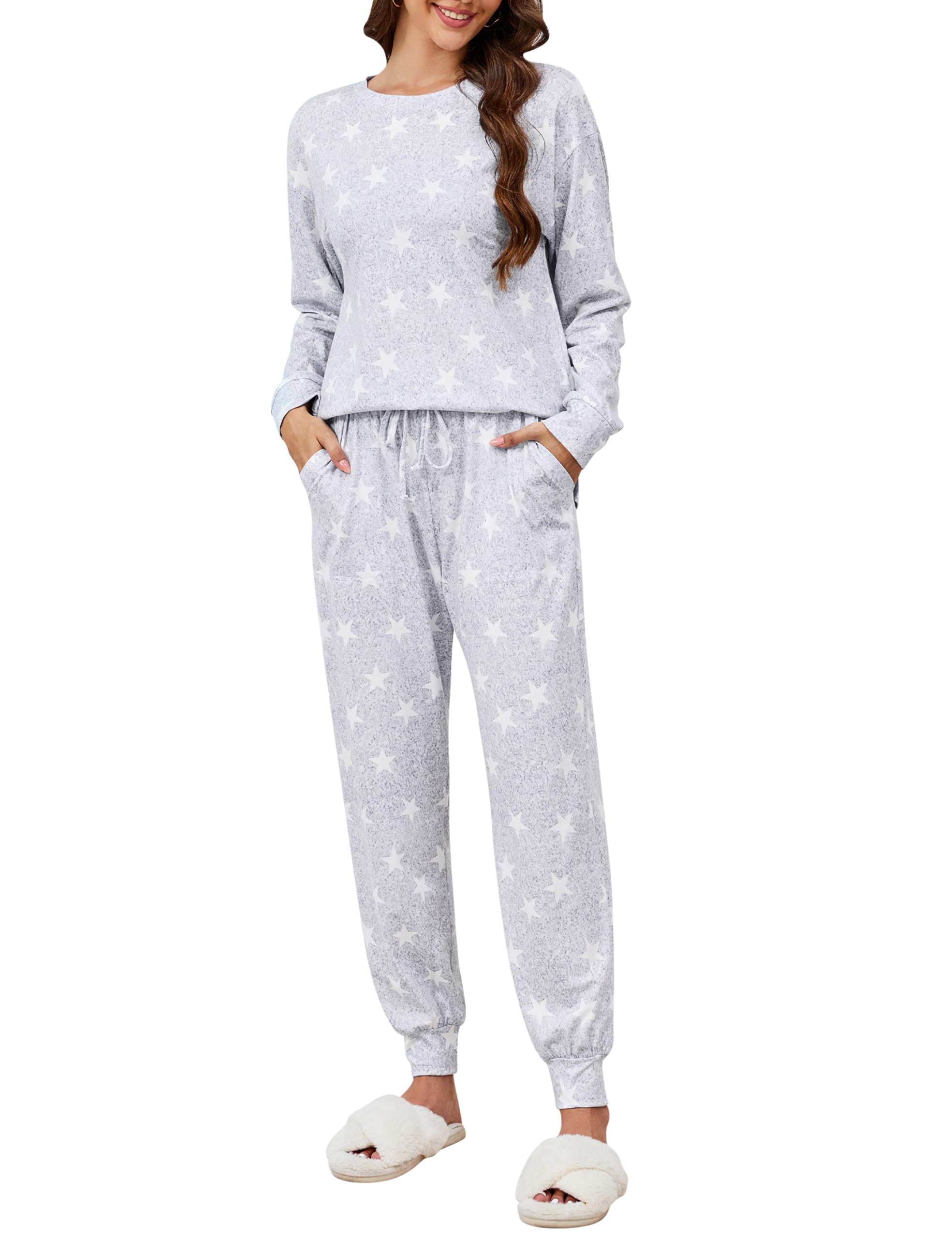 Photo 1 of (missing top) Blooming Jelly Womens Cute Pajama Sets Star Print 2 Piece Lounge Sets Drawstring Pj Set 2025 with Pockets (Small, Grey)