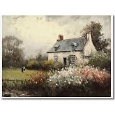 Huabsad Vintage Landscape Flower Portrait Oil Painting Canvas Wall Art Antique Cottage Outdoor Garden Spring Wall Decor Rustic Farmhouse Bedroom Aesthetic Painting Prints 12x16in Unframed