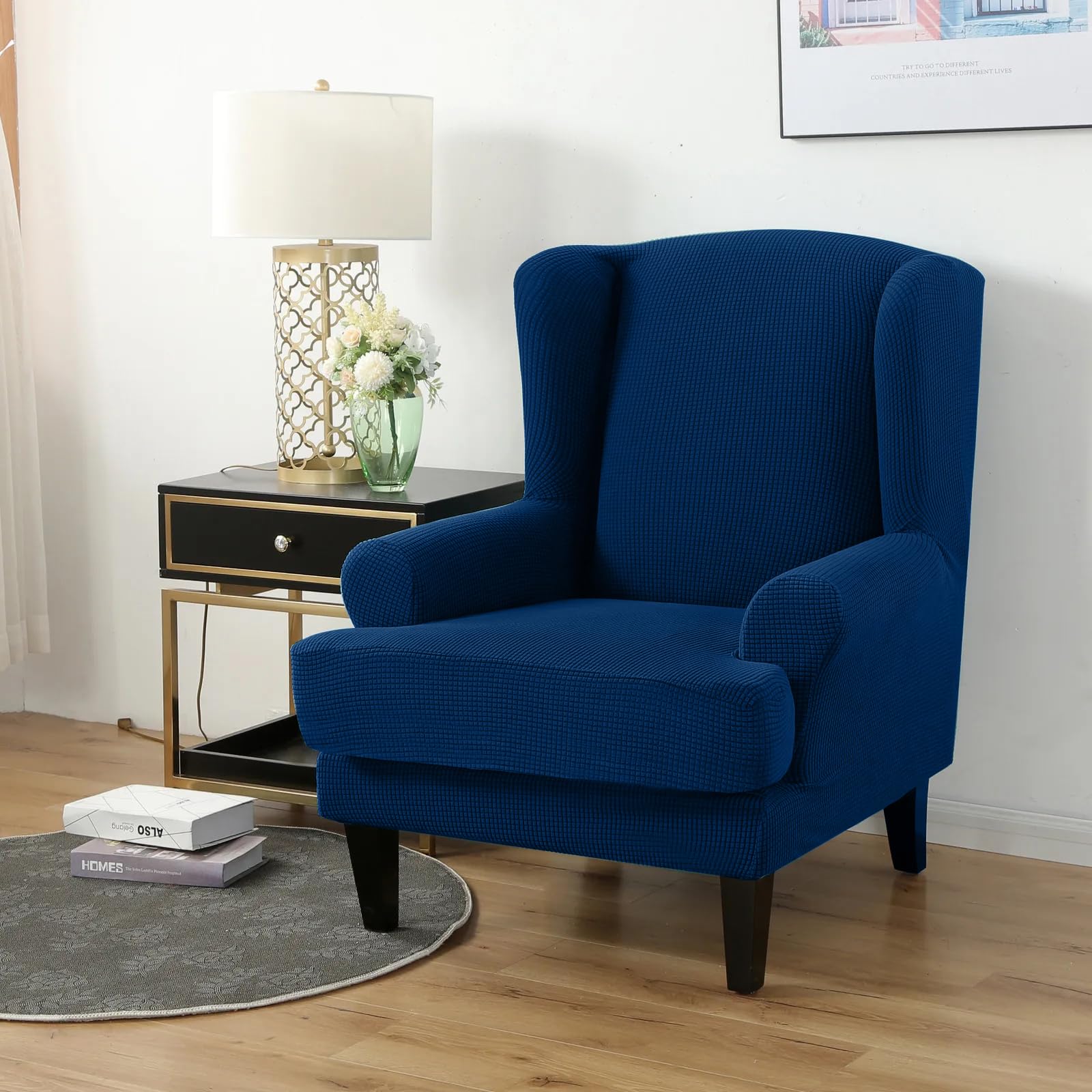 PETCUTE Wing Chair Slipcovers Armchair Covers With Ears Stretch Wing Chair Covers Jacquard Furniture Protector Navy blue
