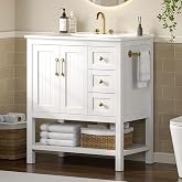 PIXOURA 30'' Bathroom Vanity with Sink, 3 Drawers &amp; Adjustable Shelf, White | Modern Bathroom Sink Cabinet with Ceramic Basin, Towel Holder &amp; Open Compartment, Wood Freestanding Bathroom Vanity
