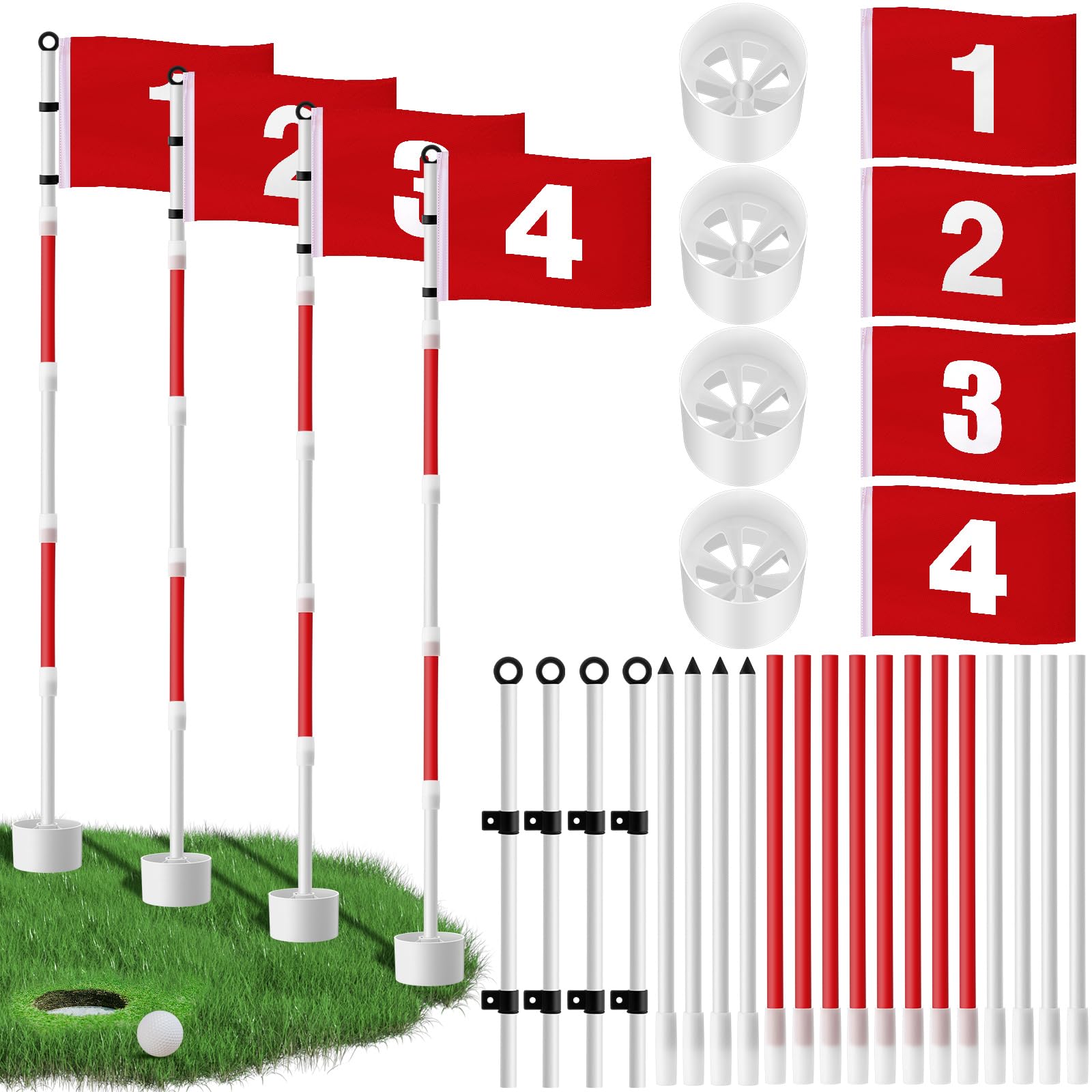 Photo 1 of Burbell 4 Pack Golf Flag Stick 6ft Putting Green Flag Golf Hole Cup Pole Pin Numbered Flags for Driving Range Backyard Yard Putting Green and Chipping Greens Gifts(Red,Digital Style 1,4 Pack)