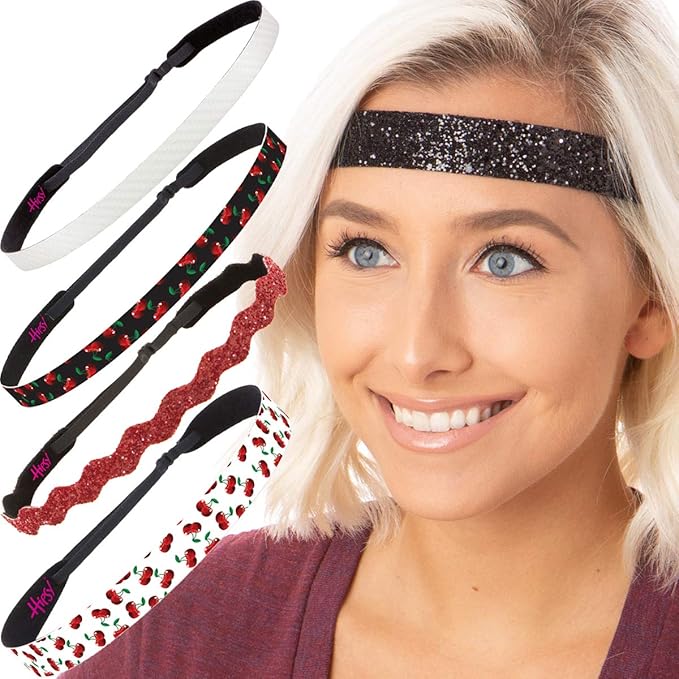 Hipsy Adjustable & No Slip Fashion Headbands for Women Cherry Gift Packs (Black/White/Ruby 5pk