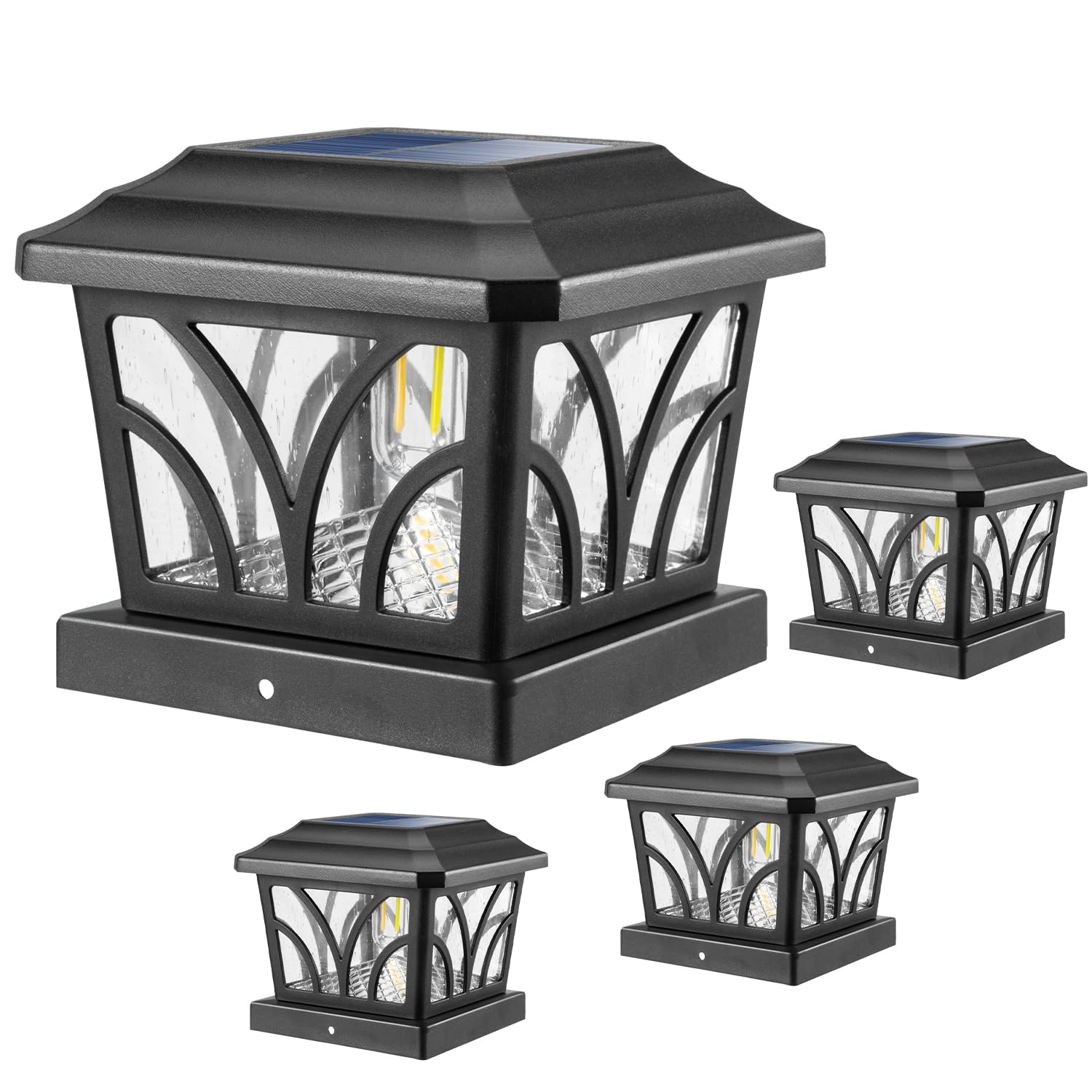 Photo 1 of LeiDrail Solar Post Lights Outdoor, 2 Modes Aluminum Solar Deck Fence Cap Light Edison LED Bulbs for 4x4 5x5 6x6 Vinyl Wooden Posts, Patio Decoration Warm White & Cool White 4 Pack (Black)