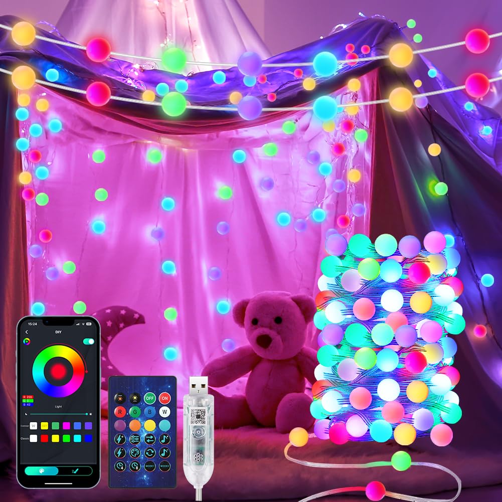 AUAUY Smart Globe String Lights, 10 Meters 66 LED RGB Built-in-chip Color Changing Fairy Lights USB Powered, with APP Remote Music Sync, Smart Fairy Lights for Bedroom Halloween Christmas Party Decor
