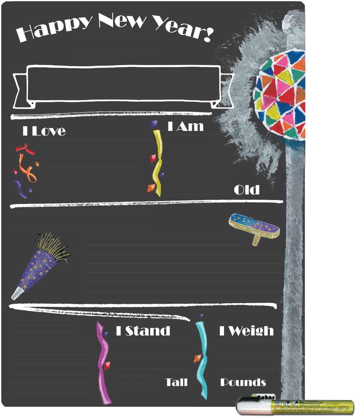 Cohas Milestone Board for New Years Eve with Reusable Chalkboard Style Surface and Liquid Chalk Marker, 15 by 20 Inches, White Marker
