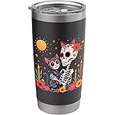 Floral Skeleton Hugging Cat Sugar Skull Día de los Muertos Stainless Steel Insulated Tumbler