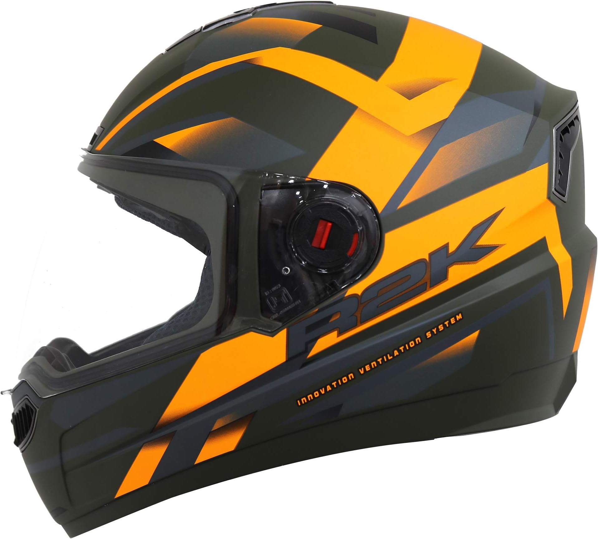 Steelbird SBA-1 R2K ISI Certified Full Face Graphic Helmet in with Matt Finish and Clear Visor (M, Battle Green Orange), Thermoplastic