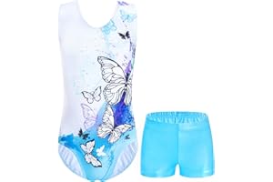 Domusgo Girls Gymnastics Leotards Set One Piece Sleeveless Tumbling Outfits with Matching Shorts
