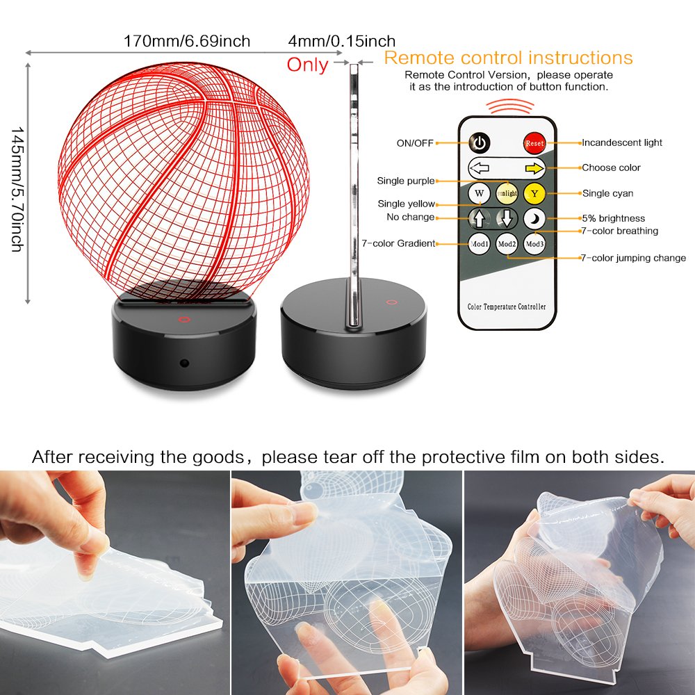 JCMKJ 3D Soccer Night Light 3D Basketball Night Light 7 Color Change LED Table Desk Lamp Acrylic Flat ABS Base USB Charger Home Decoration Toy Brithday