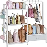 Purse Organizer for Closet, with Bottom Drawer, Extra Large Capacity 3 Tier Handbag Storage Rack for Women, 10 Purse Hanger and Hooks for Bag Organizer, Floor-Standing, Home, Living Room (White)