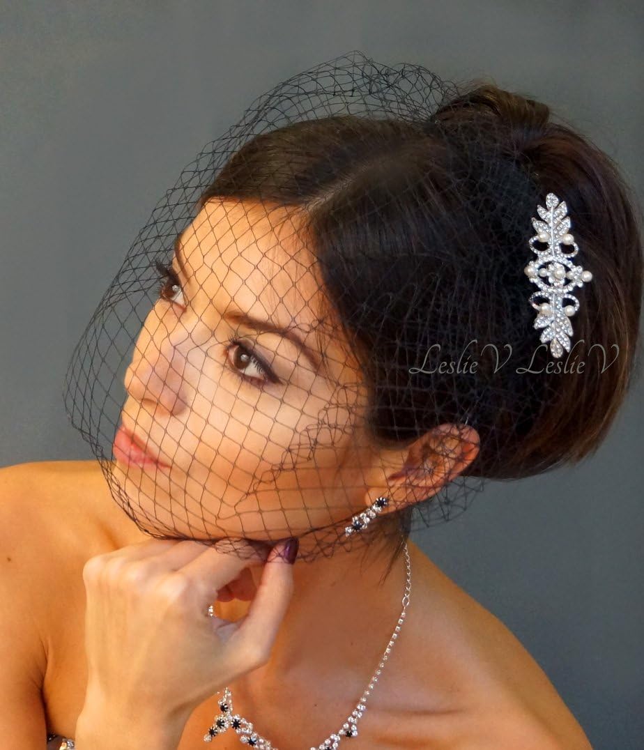 Eloise: Pearl Crystal Barrette & BLACK Petite Bridal Birdcage Veil 23blk-70992