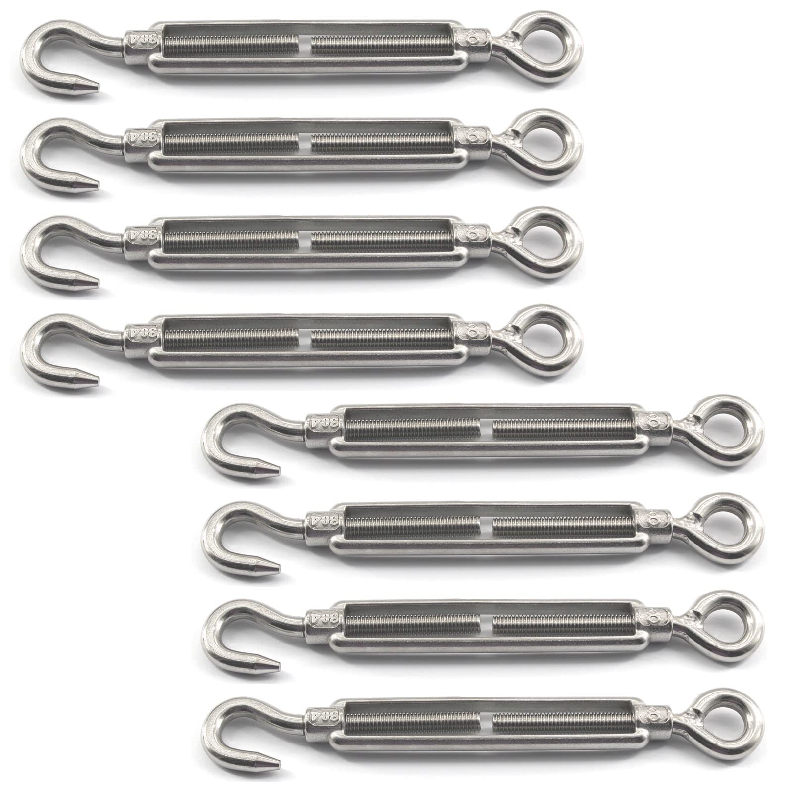 Flomore M5 304 Stainless Steel Turnbuckle Hook And Eye Turnbuckle Wire Rope Tension Pack Of 8