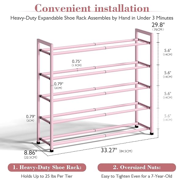 BUMUSTY 5-TIER EXPANDABLE SHOE RACK FOR CLOSET, 18“-33” ADJUSTABLE SHOE RACK FOR SMALL SPACE, SMALL SHOE ORGANIZER FOR FRONT DOOR, STURDY METAL (PINK)