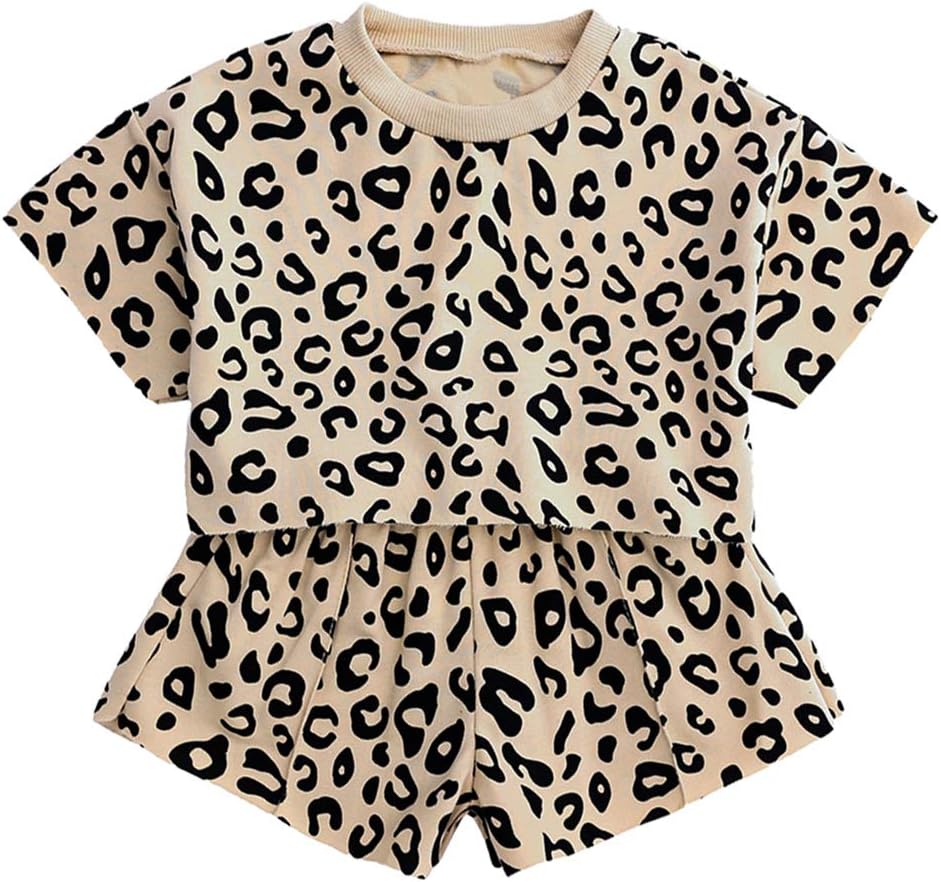 Cute Girls 2Pcs Leopard Outfits Set Summer Short Sleeve T-Shirt + Shorts Clothes
