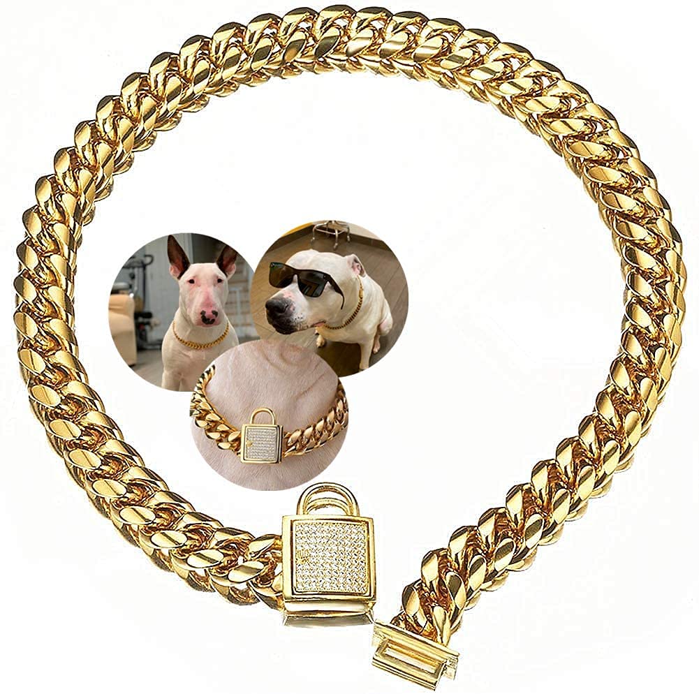 Photo 1 of Aiyidi Gold Dog Chain Collar Stainless Steel with Zirconia Lock Luxury Dog Necklace 14MM Heavy Duty Cuban Chain Collar for Small Medium Large Dogs (14mm Gold,18inch)