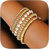 VIMCUPQ Gold Bangle Bracelets for Women, 14K Gold Plated Beaded Bracelets Stretch Bead Ball Chain Layered Bracelet Stack Set, Love Cubic Zirconia Bangle Women Jewelry