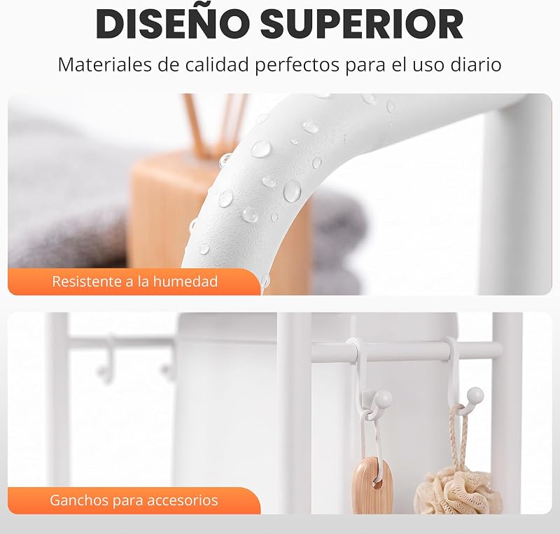 Estanteria Baño sobre Inodoro (47×26×153 cm) – Mueble Baño Auxiliar de 3 Niveles de Metal con Patas Regulables y Soporte Antivuelco, Organizador para Toallas, Lavadora o WC - Blanco — foto 3 de 7