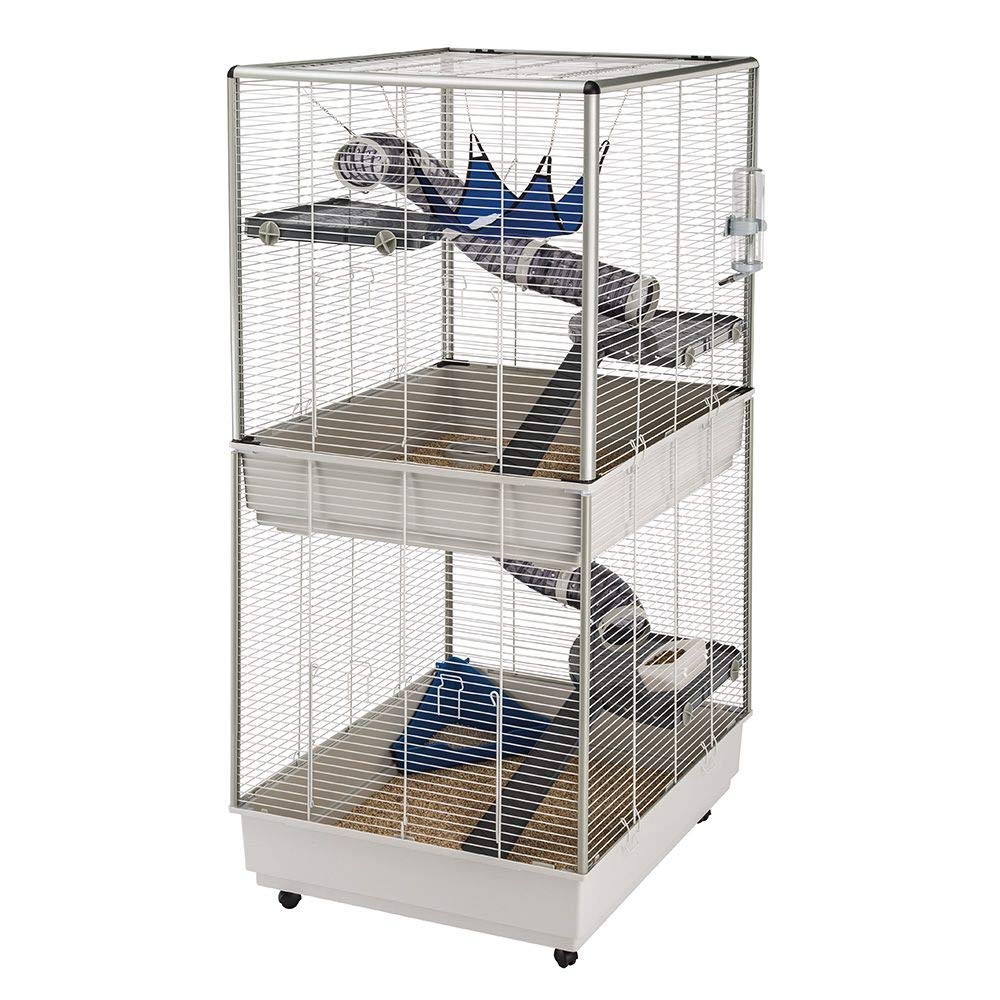 Ferplast Ferret cage FURET TOWER, vertical two floors structure, wheels and accessories are included. Varnished grey metal and plastic, 75 x 80 x h 161 cm