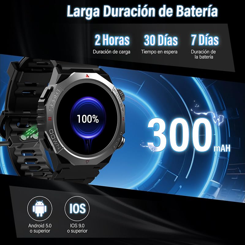 Reloj inteligente hombre mujer, Militar Smartwatch, 1,39 HD pantalla, Negro — foto 6 de 7