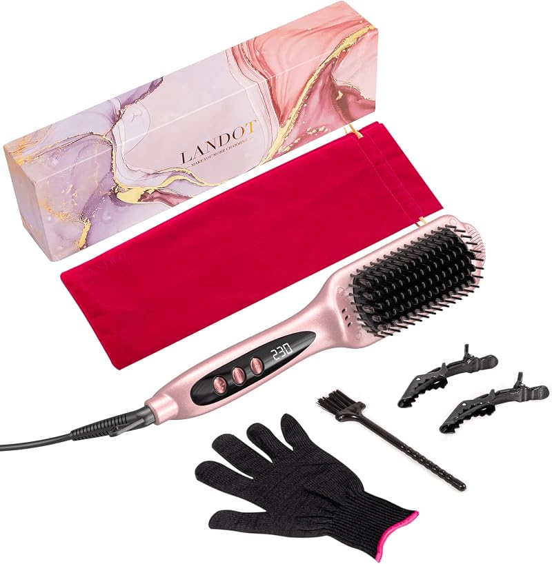 LANDOT Hair Straighteners Brush Ionic Ceramic Dual Voltage 12 Temp Settings