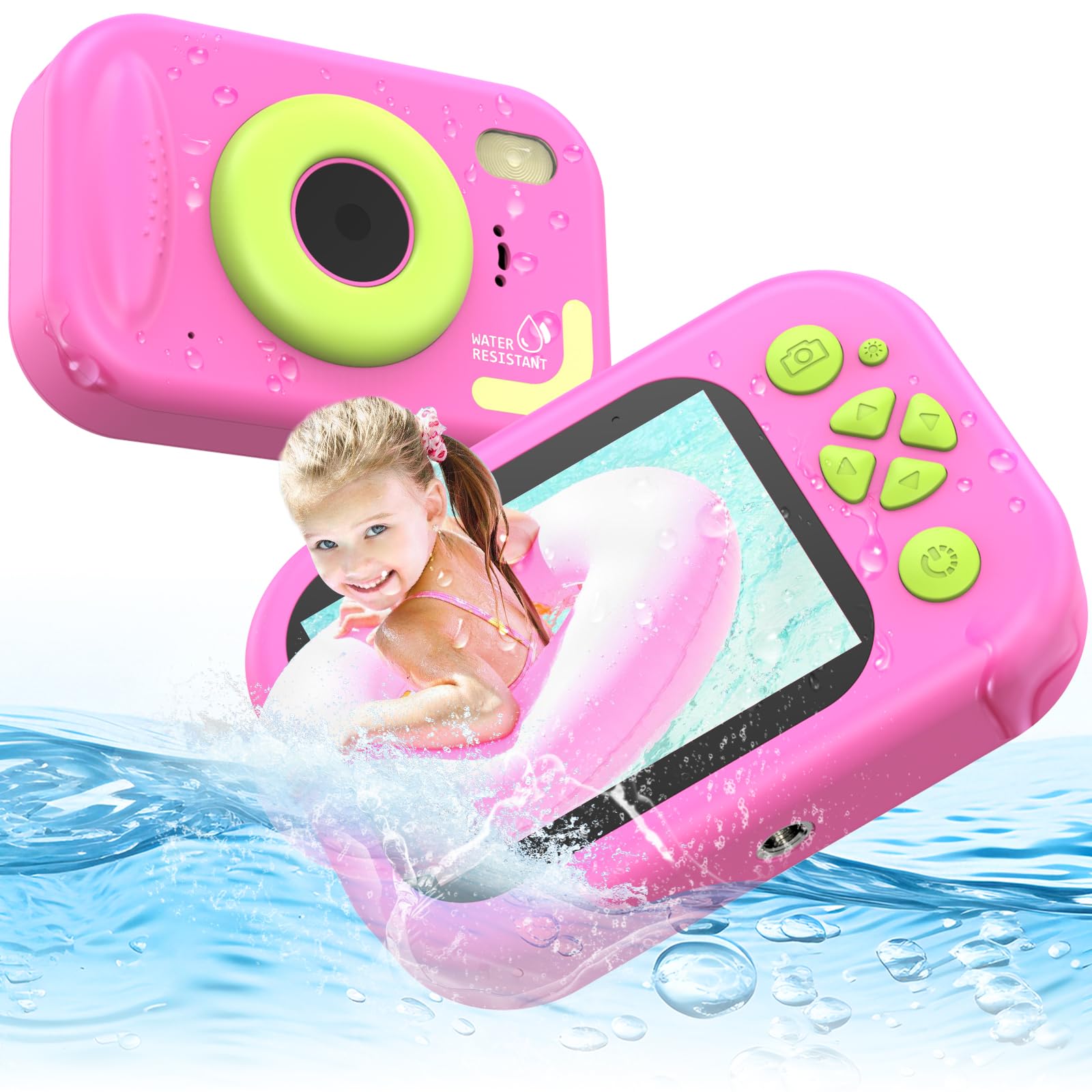 CHAKEYAKE Kids Camera Waterproof, 1080P Toddler Digital Underwater Camera with 2.4” Screen, 32GB SD Card,10M/32.8FT Childrens Action Toy camera, Bithday Gifts for Girls Boys Aged 3-12 Years Old (Pink)