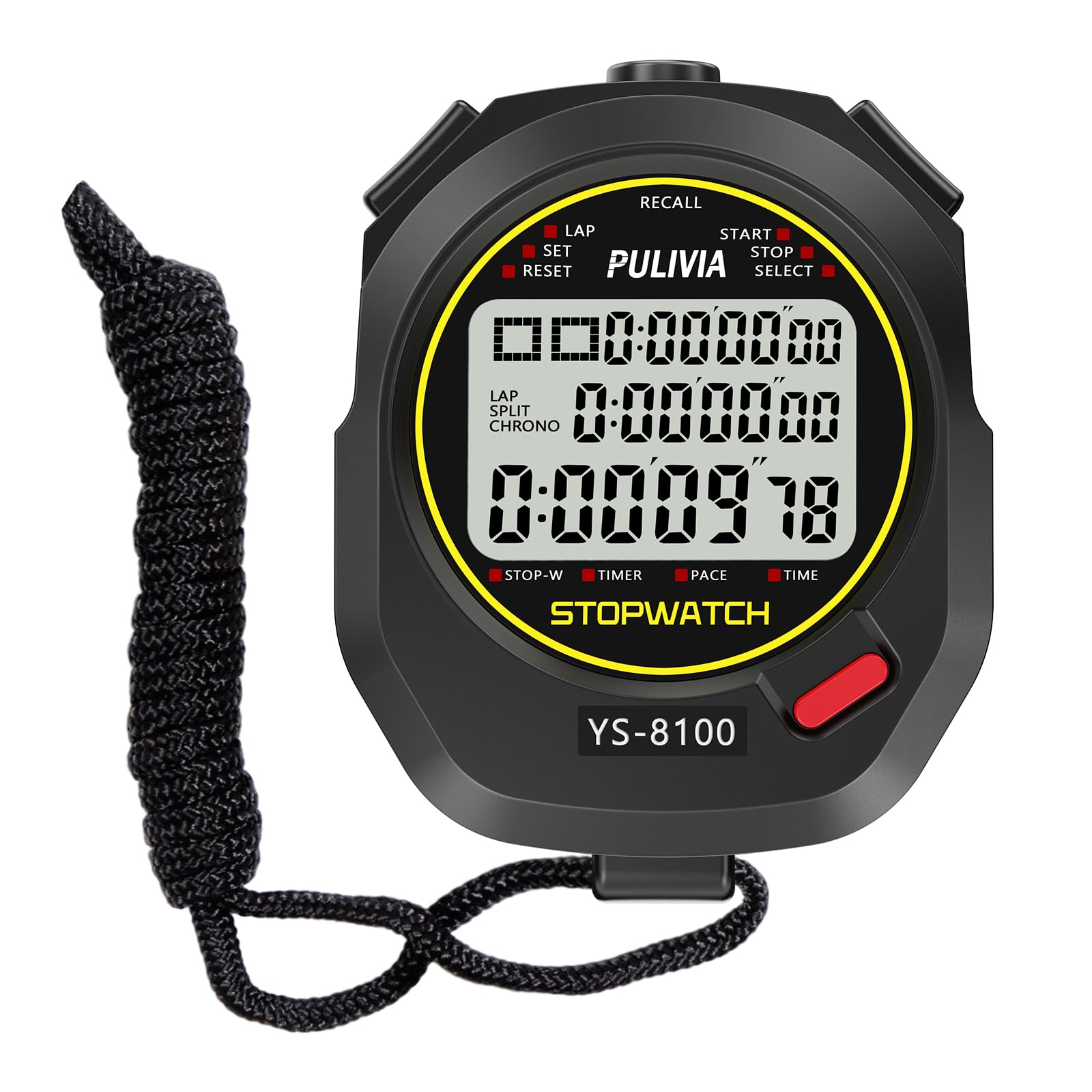 PULIVIA Stopwatch Sport Timer 100 Laps/Splits Digital Stop watch with Recall Countdown Timer Clock Alarm Calendar, Large Display Stop watch for Sports Coaches