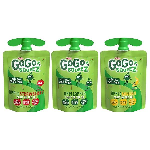 GOGO SQUEEZ APPLESAUCE AND FRUIT PUREE VARIETY PACK, APPLE, BANANA & STRAWBERRY, 3.2 OZ (PACK OF 20), UNSWEETENED FRUIT SNACKS FOR KIDS, GLUTEN FREE, NUT FREE AND DAIRY FREE, BPA FREE POUCHES
