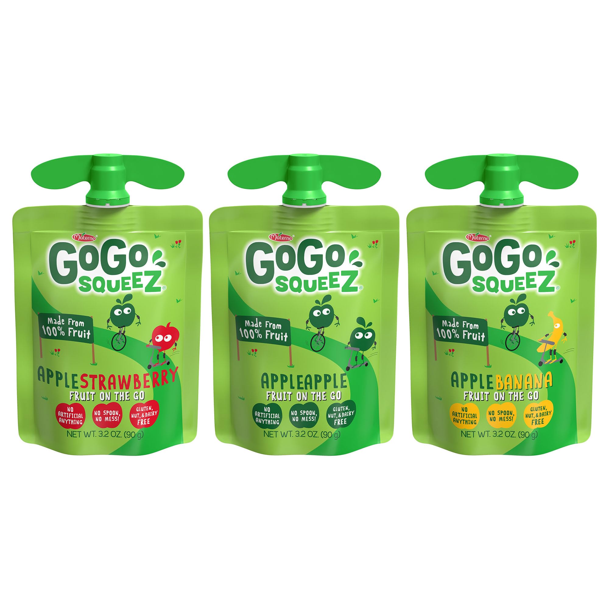 GoGo squeeZ Applesauce and Fruit Puree Variety Pack, Apple, Banana & Strawberry, 3.2 oz (Pack of 20), Unsweetened Fruit Snacks for Kids, Gluten Free, Nut Free and Dairy Free, BPA Free Pouches