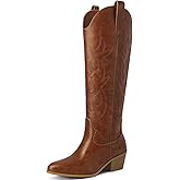 Ouepiano White Cowgirl Boots Women Cowboy Knee High Tall Boots Chunky Heel Pointed Toe Pull-On Western Wide Calf Boats Country Fashion