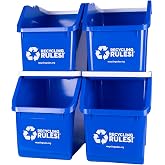 Recycling Rules! 6 Gallon Stackable Recycling Bin Container in Blue, Eco-Friendly Handy Recycle Bin with Easy-to-Carry Handle, 4-Pack