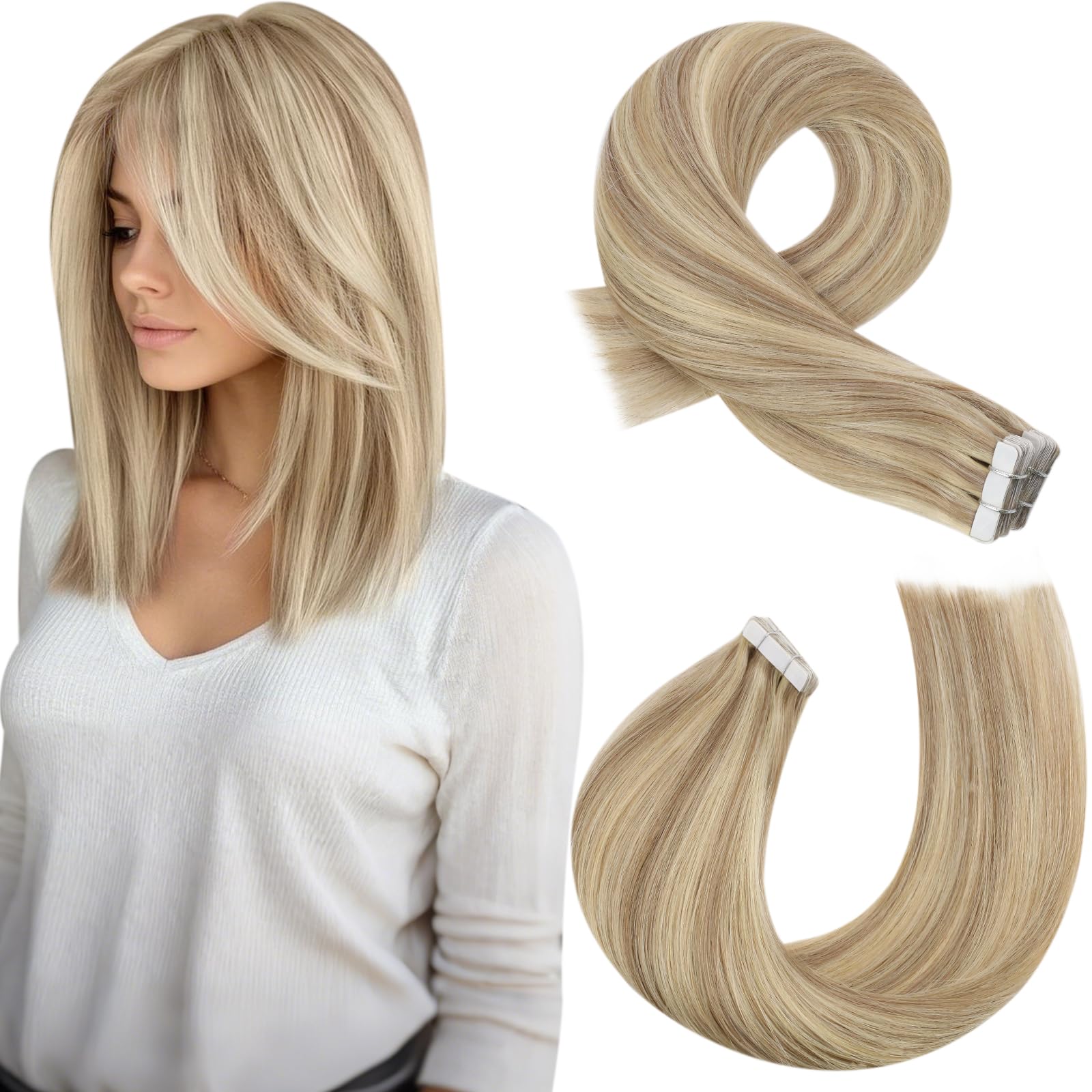 Moresoo Tape in Hair Extensions Human Hair Dark Honey Blonde with Medium Blonde Highlight Tape in Hair Extensions Real Remy 12 Inch 20 Pieces/30g #16/22 — image 1