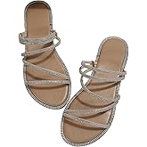 GORGLITTER Women's Rhinestone Sparkly Metallic Strappy Flat Sandals Cute Toe Slip on Slide Sandals