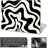 AKIT Compatible with MacBook Air 13 Inch Case M1 2022 2021 2020 2019 2018 A2337 A2179 A1932, Pattern Hard Shell Laptop Case+Screen Protector+Keyboard Cover for Mac Book Air 13.3 Inch, Black Wave
