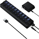 ONFINIO Powered USB Hub 3.0, 10-Port USB Splitter Hub | Individual On/Off Switches and 12V/2A Power Adapter USB Extension