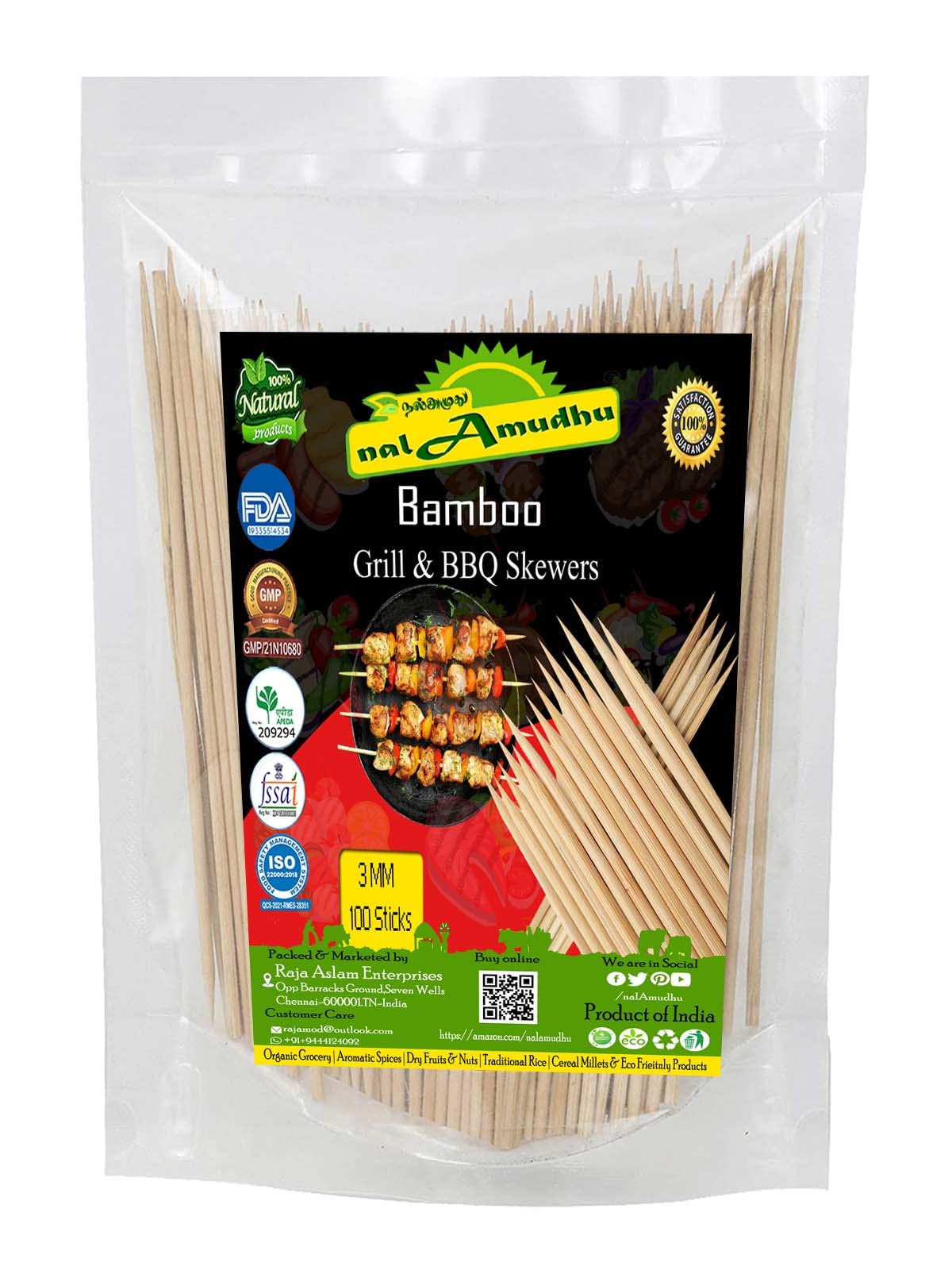 nalAmudhu Bamboo Skewers Sticks | Barbeque Stick for, Microwave Oven and Pan | BBQ Skewer Kabab Stick | Barbeque Grill Wooden Stick | Barbeque Bamboo Sticks Pack of 100 (12-Inch)