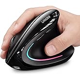 Uineer Vertical Ergonomic Mouse, Wireless Bluetooth Mouse, 3-Device | Switch among 3 devices via dual Bluetooth and 2.4G; rechargeable with 7-color ambient lighting.